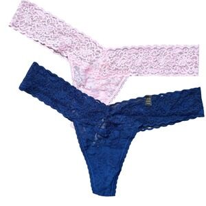 Victorias Secret Rare 2012 The Lacie Thong Panties Set 2 Navy Pink Lace Size L‎